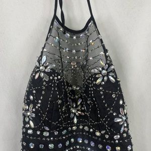 B. Darlin Long Halter Black & Silver Embellished Prom Dress Size 7/8